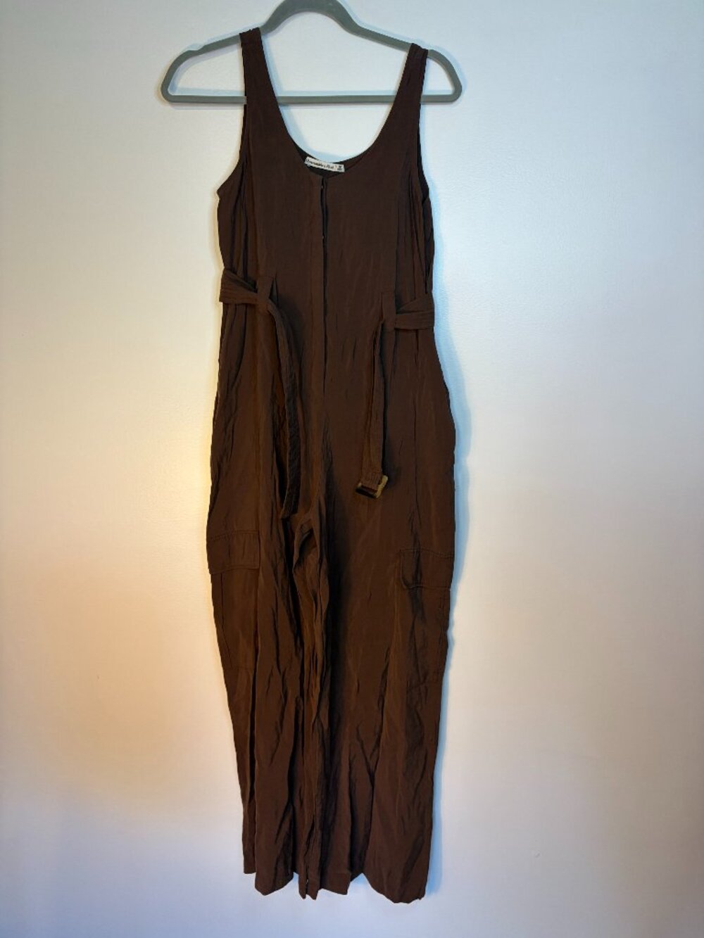 Abercrombie & Fitch Chocolate Brown Belted Wide Leg Utility Jumpsuit Overalls